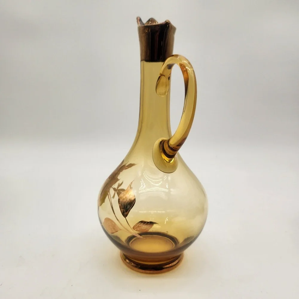Vintage Moser MCM Limited Edition Amber Glass Decanter Gold Overlay Rose Floral‎